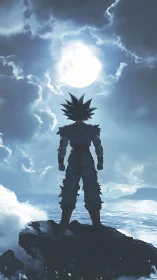 Lone anime warrior quietly studies the glowing moon above