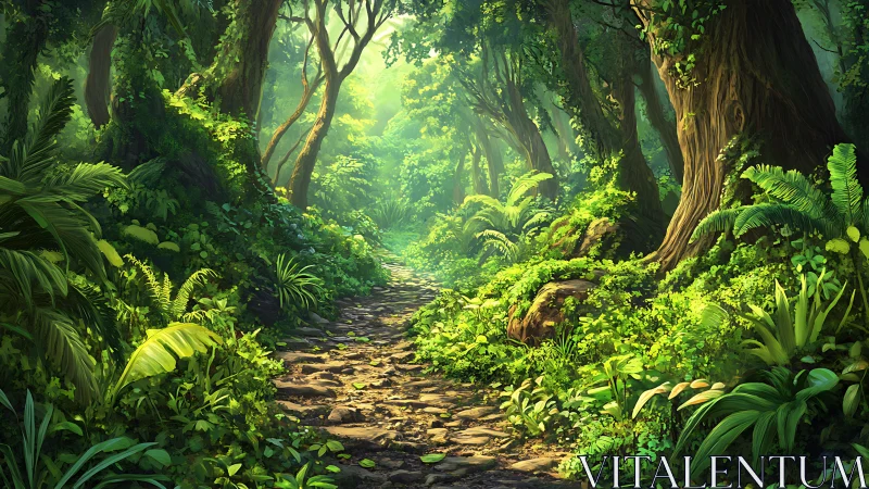 Luminescent forest path through dense arboreal canopy structure.