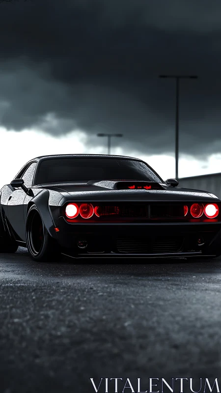 Low-angle view of black muscle car under dark storm clouds.