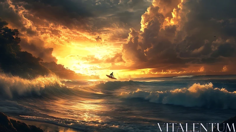 Sunlit storm-waves cradle a lone surfer in molten gold
