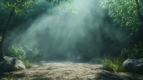 Misty Forest Clearing with Sunbeams Through Canopy