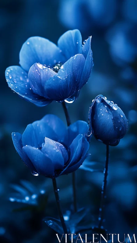 Blue tulips with water droplets in cool monochromatic lighting