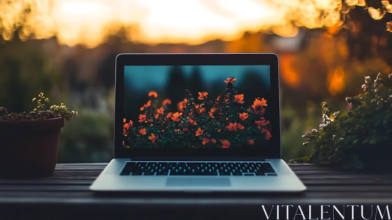 Laptop garden portal glowing in soft sunset bokeh haze.