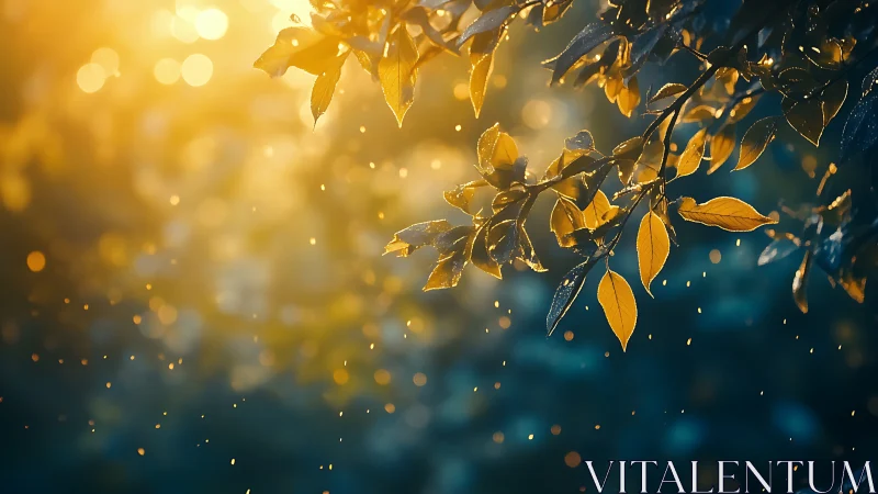 Sunlit autumn leaves on branch with glowing bokeh background.