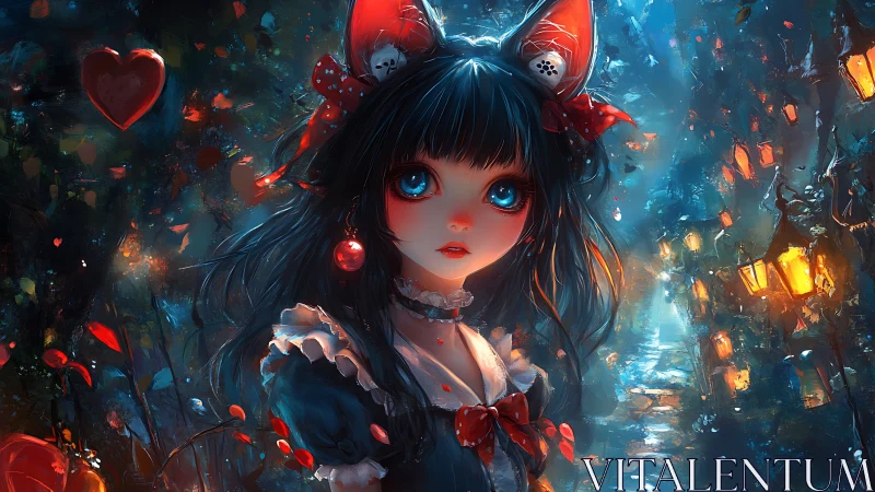 Cat-eared girl glows in lantern-lit enchanted forest night