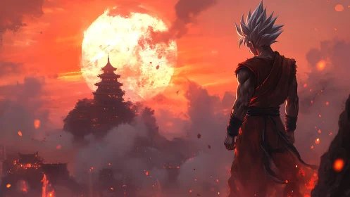 Storm-silver warrior measures a burning sky over ancient towers