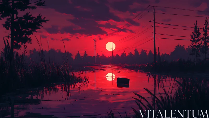 Electric marsh sunset glows over flooded rural road.