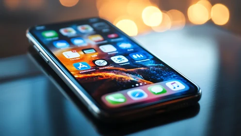 iOS Smartphone Display with Multi-Application Interface and Bokeh Lighting