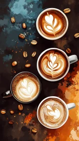 Four coffee cups with latte art and beans on abstract ground.