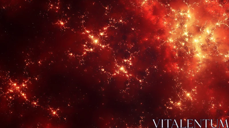 Luminous red nebula glows with scattered golden star clusters