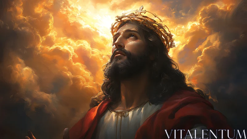 Radiant messianic portrait glows within storm-lit heavens