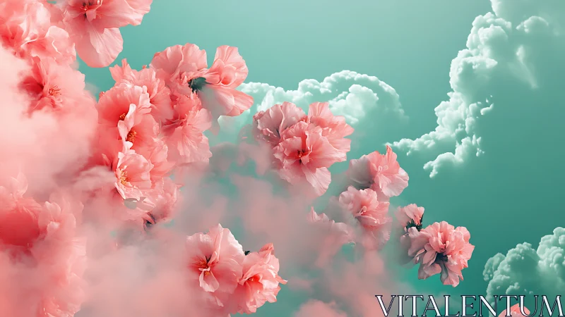 Coral Flowers with White Clouds Against Turquoise Sky