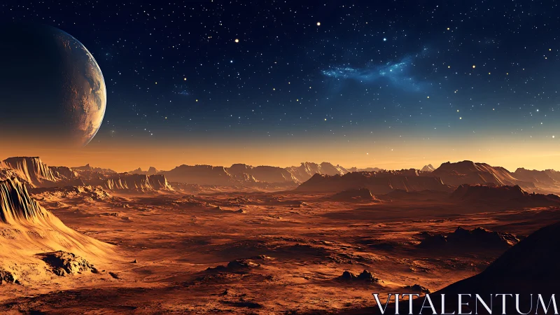 Distant rocky exoplanet landscape under star-filled night sky.