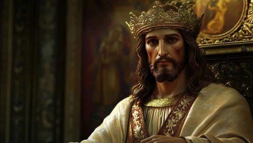 Regal monarch portrait with gilded crown and baroque throne.