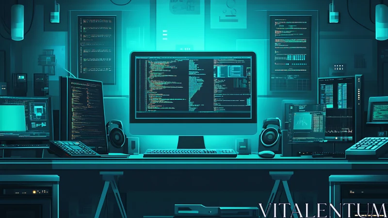 Glowing coding workspace alive with screens and calm focus.