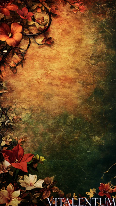 Vertical floral border overlays textured gradient background