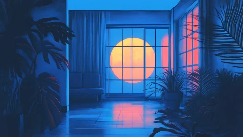 Neon dusk interior with potted palms and gridded sun window