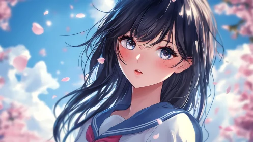 Spring breeze surrounds a gentle anime schoolgirl portrait