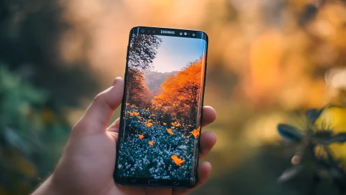 Hand holding Samsung smartphone displaying autumn landscape with orange trees.