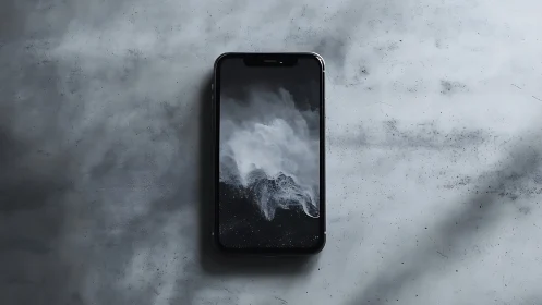 High-end smartphone displaying monochromatic mountain landscape on textured concrete surface
