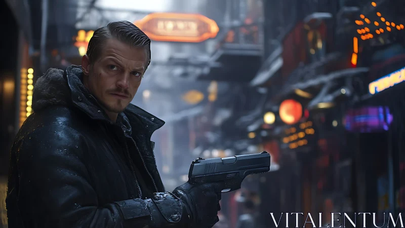 Lone armed detective patrols neon alley in winter storm.