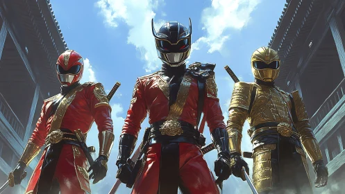Armored ninja trio stands ready beneath a bright battle sky
