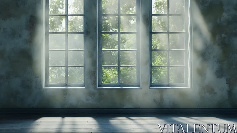 Sunlit multi-pane windows in empty interior space.