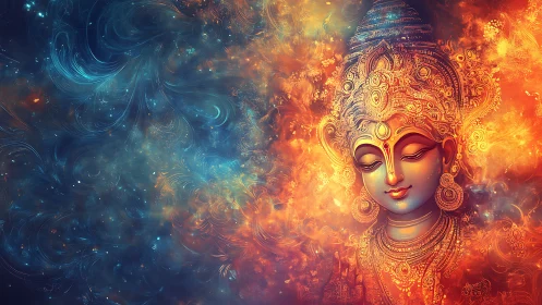 Divine goddess portrait in swirling cosmic fire and sky.