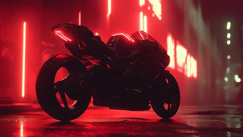 Futuristic cyberpunk motorcycle under neon red streetlights.