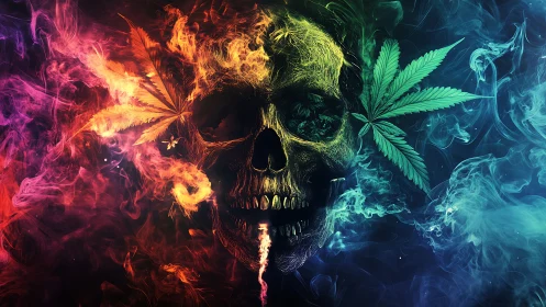 Skull with cannabis leaves amid multicolored smoke clouds.