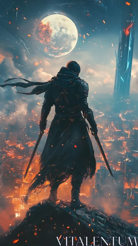 Lone moonlit warrior watching a neon city ignite below.