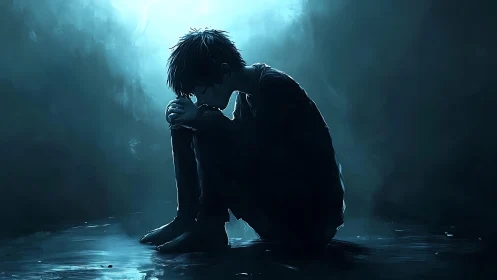 Silhouetted boy sits curled on wet ground under cool light