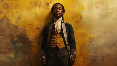 Young man in period military coat against rich ochre wall