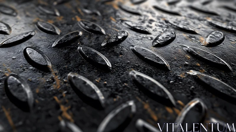 Close-up of worn industrial metal plate with diamond texture pattern.