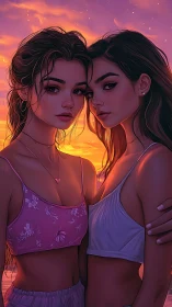 Two young women close together at sunset beach scene.