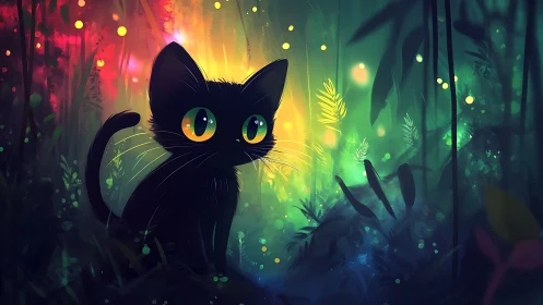 Black Cat with Golden Eyes in Mystical Forest.