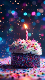 Luminous Birthday Cake with Vibrant Sprinkles and Bokeh Ambiance.