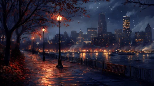 Riverside city skyline glows under stormy autumn night.