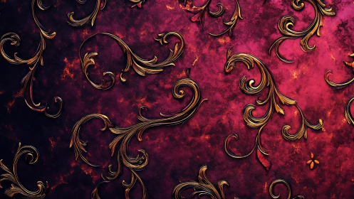 Golden scrollwork curls across a molten crimson twilight