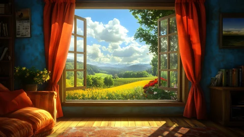 Sunlit country view welcomes a peaceful, cozy reading nook