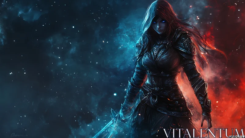 Mysterious warrior walks between chilling blue and firelight.