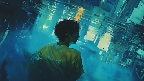 Figure in reflective blue water against abstract cityscape.