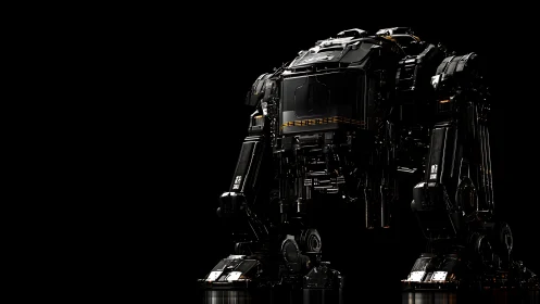 Quadrupedal black mech in high-contrast studio lighting.