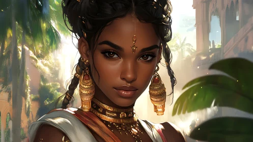 Digital portrait of woman with jewelry in tropical setting.