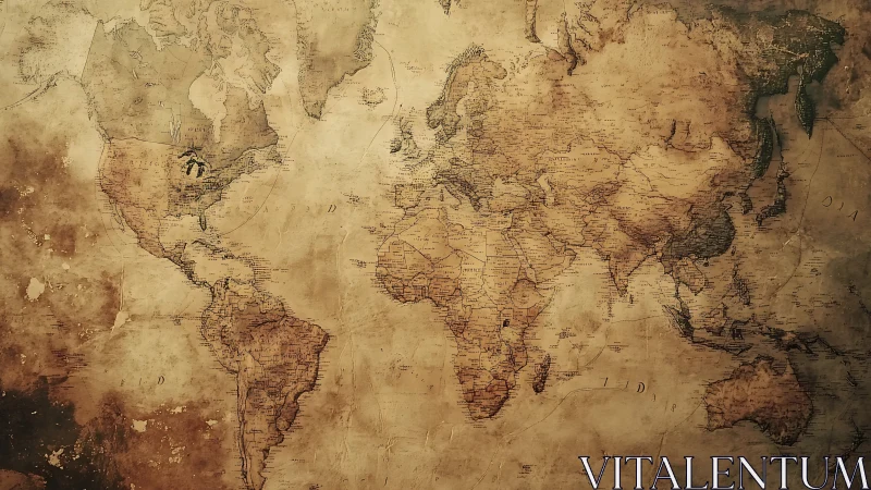 Vintage sepia world map with distressed parchment texture.
