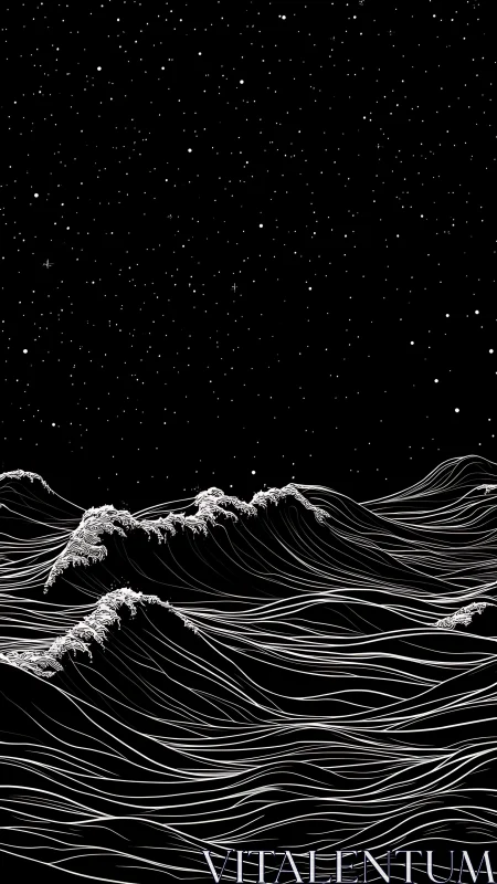 Monochrome line art seascape under dense starry sky.