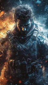 Armored soldier stands between contrasting fire and ice fields