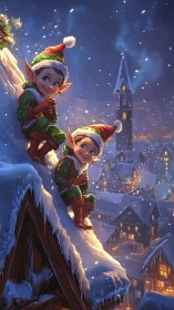 Snowy rooftop elves scouting a glowing Christmas village.