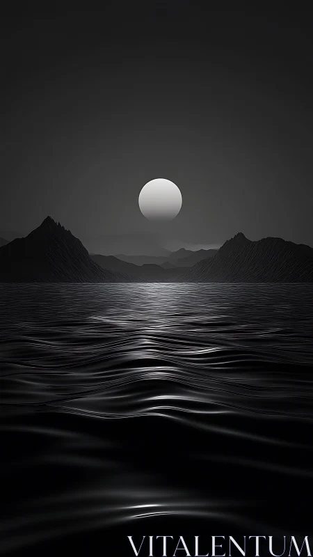 Monochrome moonrise over whispering midnight waves.