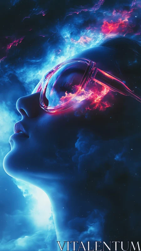 Cyberpunk celestial portrait with neon volumetric side profile.